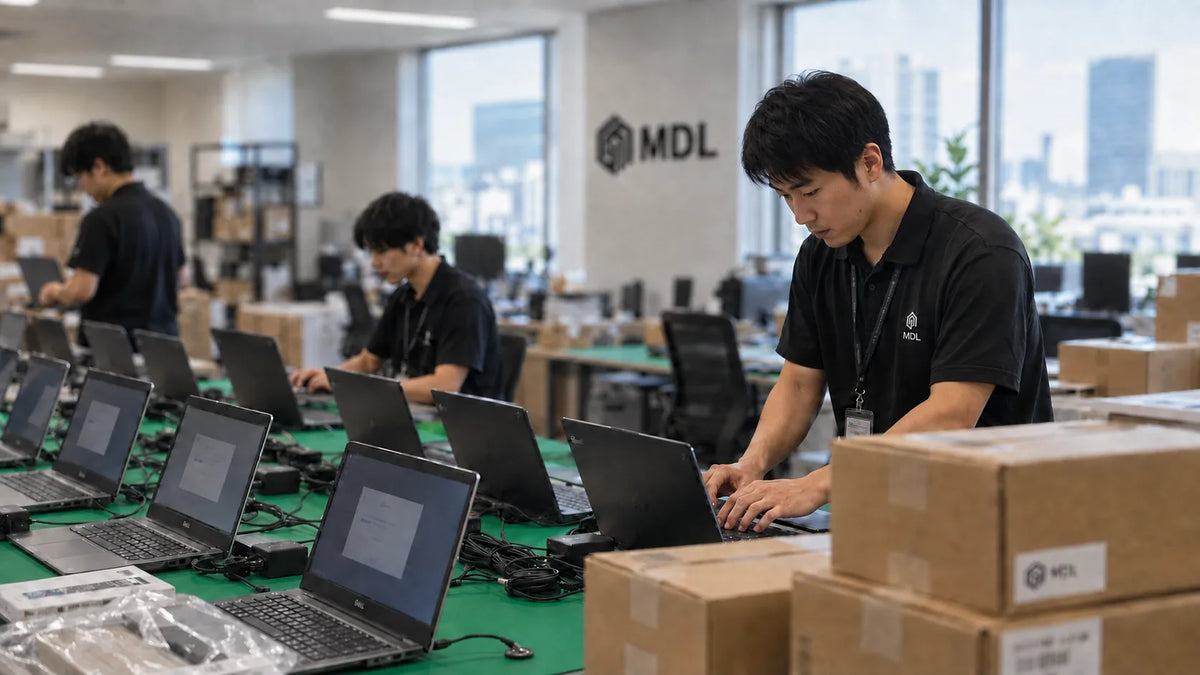 オフィスで複数台のノートPCをキッティングする担当者